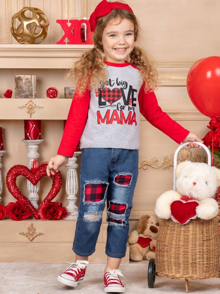 Set di jeans con toppa a quadri Love For My Mama per la vendita all'ingrosso da parte di Mia Belle Girls • Wholesale