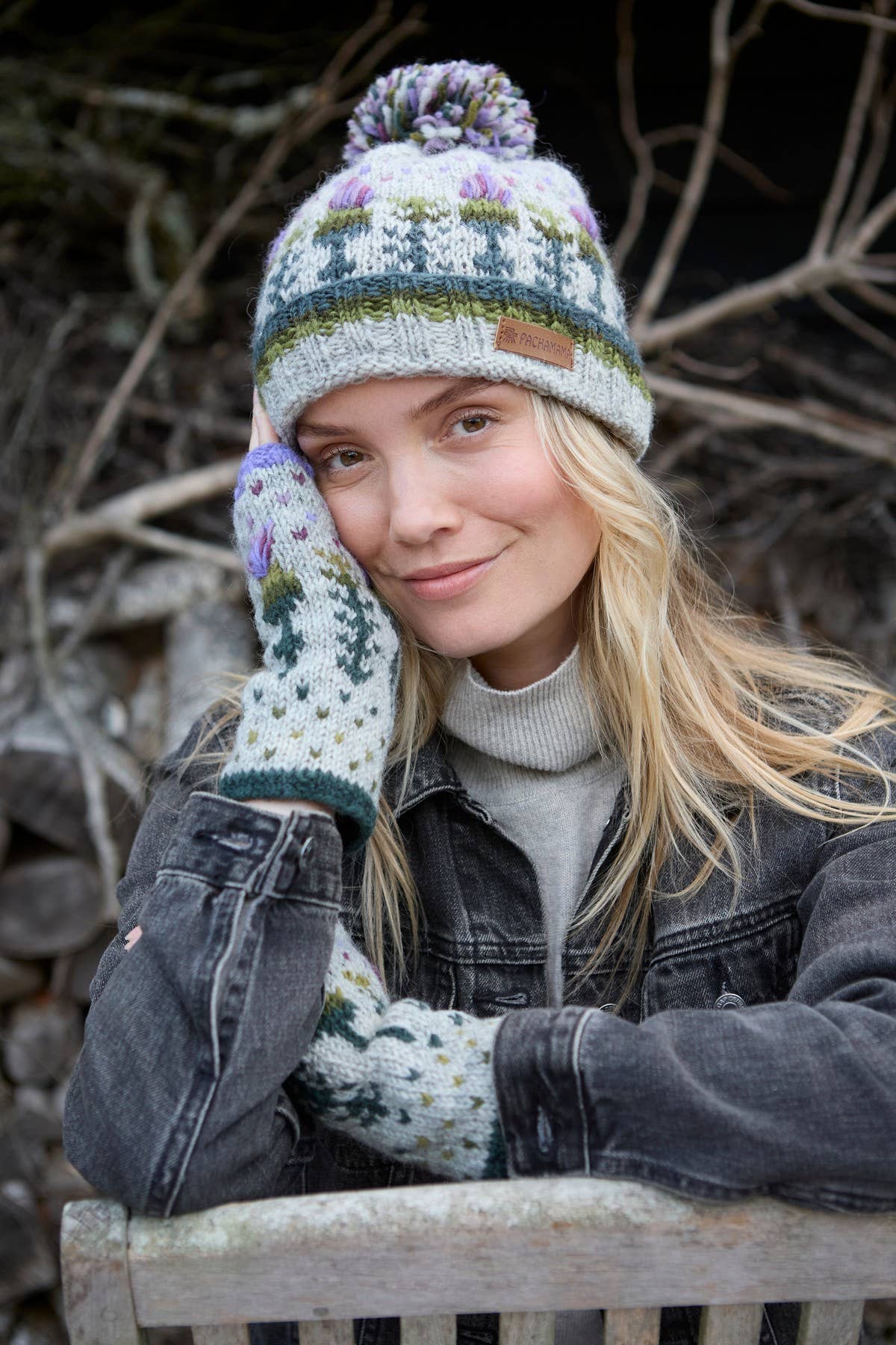 One Colour Scottish Thistle Knit Fingerless Gloves Grey Wool Floral for wholesale on Faire3