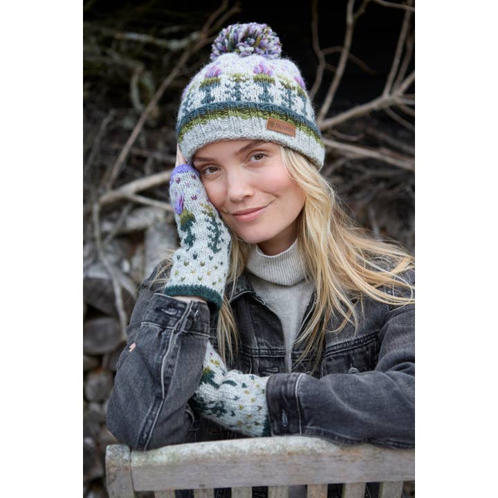 One Colour Scottish Thistle Knit Fingerless Gloves Grey Wool Floral for wholesale on Faire3