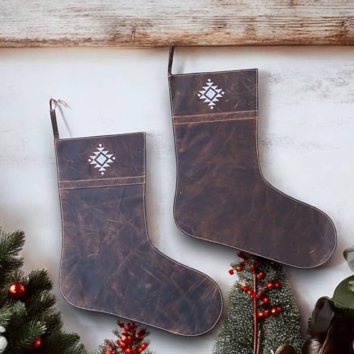 Western Linens - Wholesale Holiday Stocking - Aztec Christmas Stockings Rustic Leather