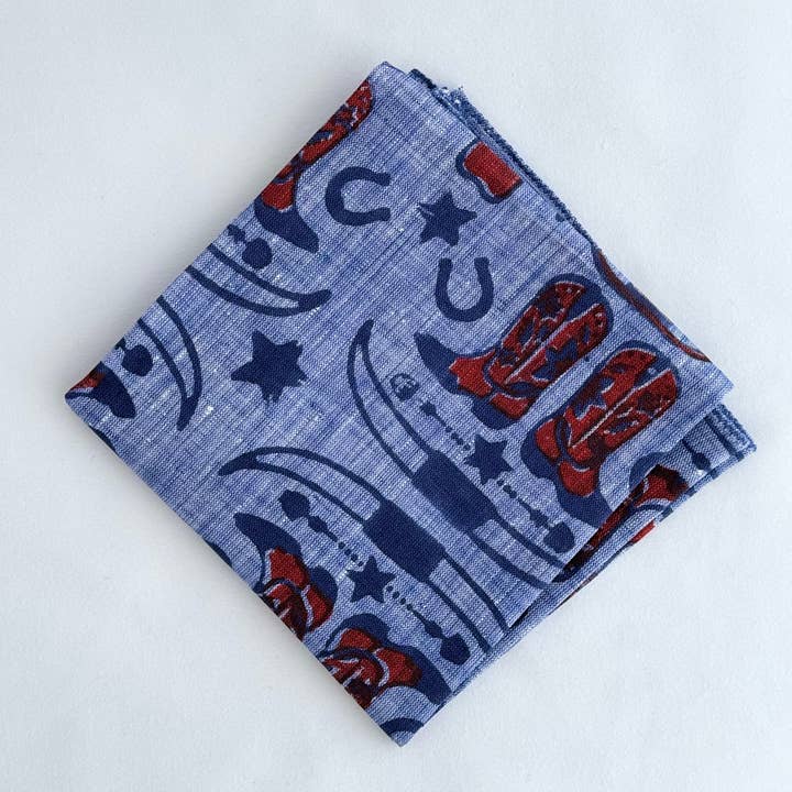 Mended - Wholesale Bandana - Women's - Bandana -Denim Linen with Cowgirl, Navy & Poppy