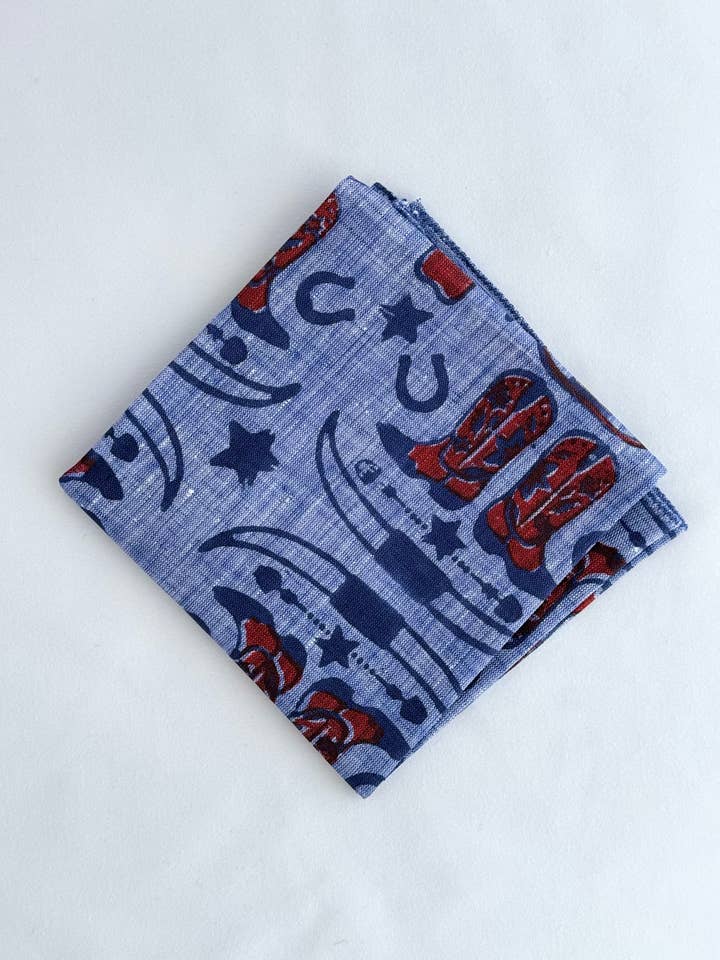 Bandana -Denim Linen with Cowgirl, Navy & Poppy for wholesale by Mended