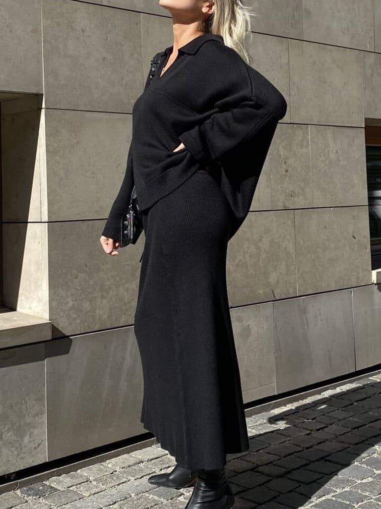Rosa Clothing - Wholesale Top & Skirt Set - Women's - Polo Collar Loose Pullover Knit Sweater Skirt Set9
