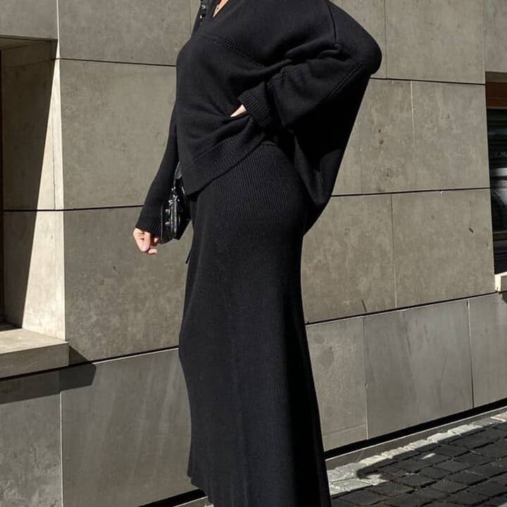 Rosa Clothing - Wholesale Top & Skirt Set - Women's - Polo Collar Loose Pullover Knit Sweater Skirt Set9