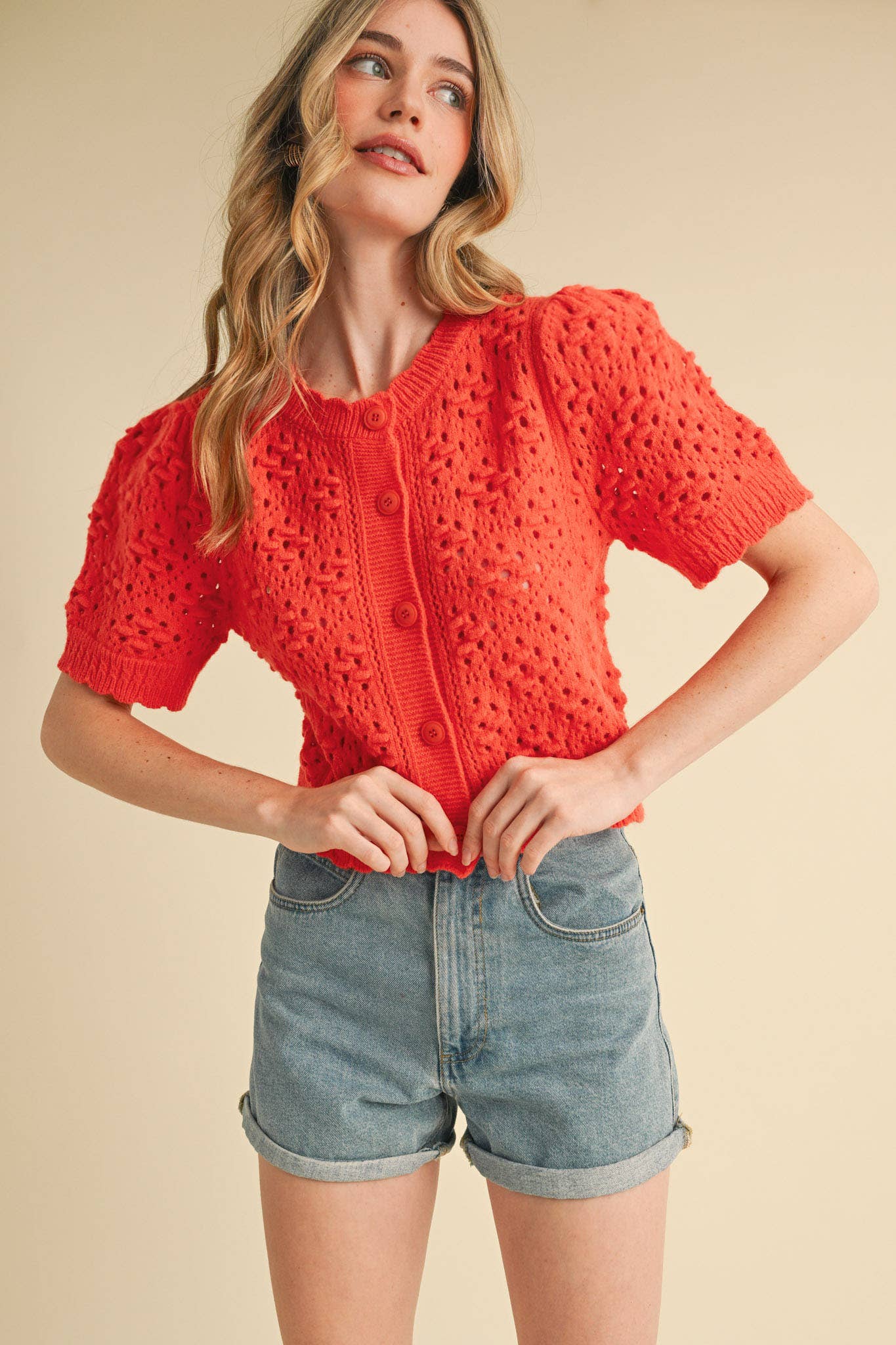 &MERCI - Wholesale Cardigan - Women's - CROPPED POINTELLE BUTTON DOWN SWEATER CARDIGAN MSW1085719