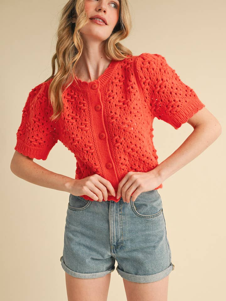 &MERCI - Wholesale Cardigan - Women's - CROPPED POINTELLE BUTTON DOWN SWEATER CARDIGAN MSW1085719