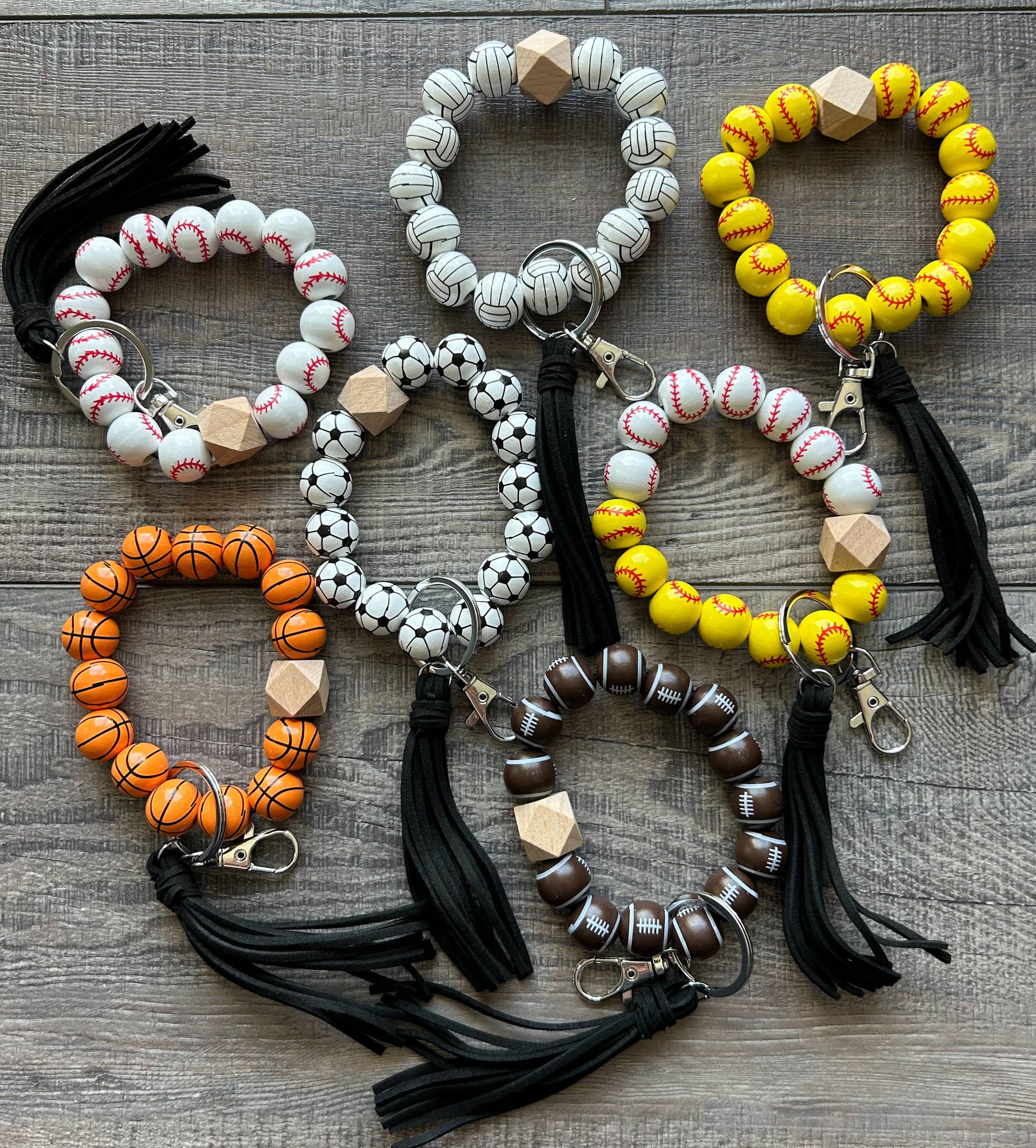 JILLIAN INK LLC - Wholesale Keychain Bracelet - Sports Keychain with Wooden Beads 6