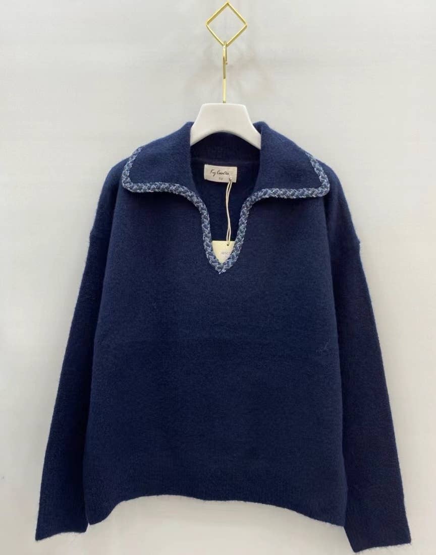 KY CREATION PARIS - Wholesale Knit Sweater - Women's - V-neck sweater with shirt collar and denim braiding2