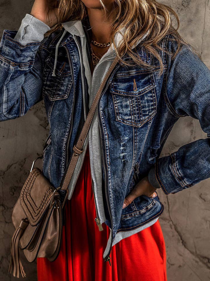 Dark Blue Fake Two-Piece Hooded Zip-Up Denim Jacket for wholesale on Faire2