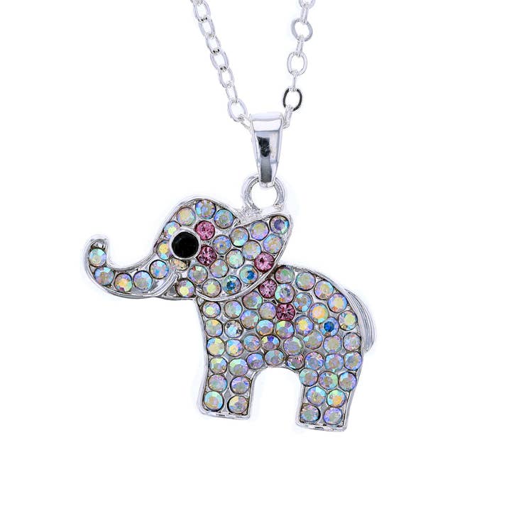Sølv Tone elefant vedhæng halskæde w Multi farve krystaller for engroshandel hos Luxe on Main LLC