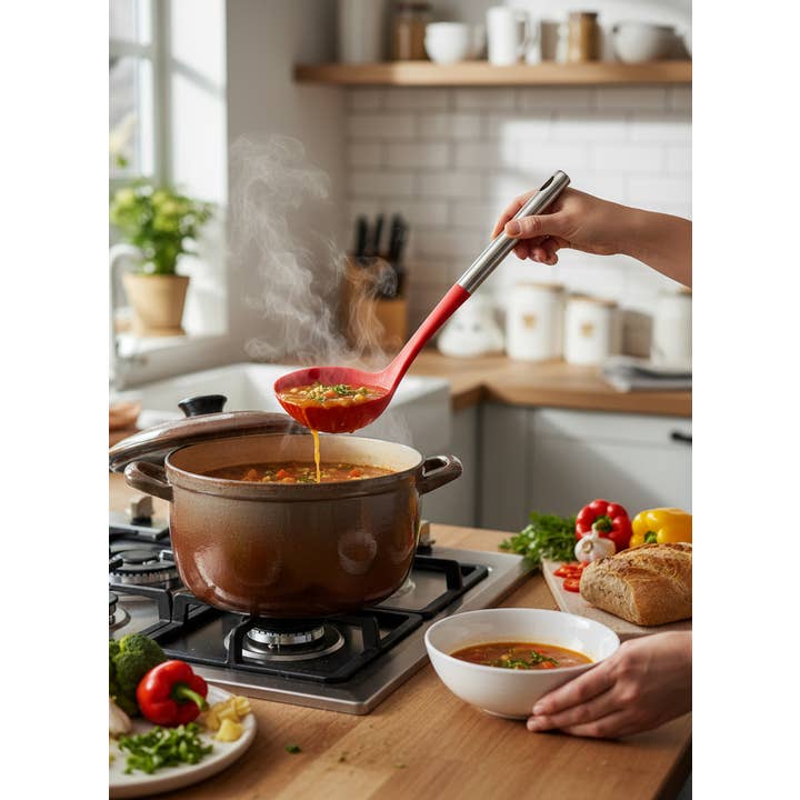 Kadra Kitchenware - Wholesale Ladle - Millvado - Nylon Utensils SS Handle, Soup Ladle, Red, 13"L1