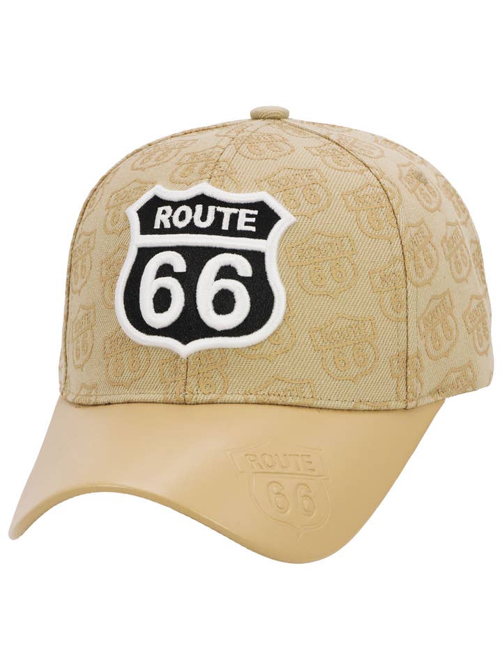 Route 66 Print Vegan Leather Curved Brim Baseball Cap for wholesale by Cap Zone