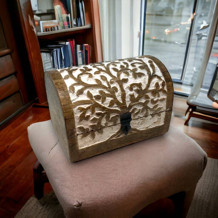 Wilco Home - Wholesale Decorative Box - Hand-Carved Wood "Tree of Life"Hinged Box Spring Chest