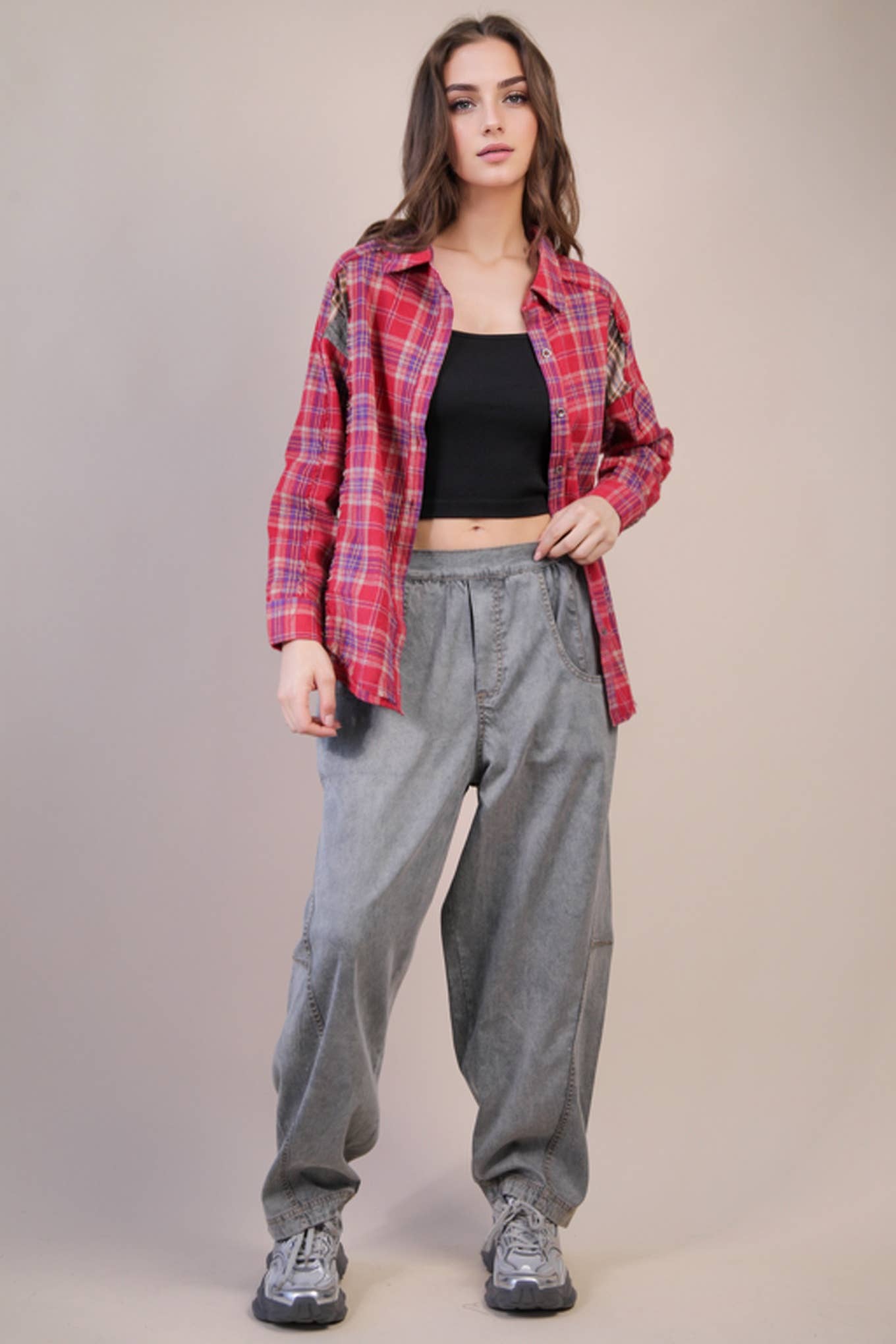 VERY J - Wholesale Button Down Shirt - Women's - NT11681-Contrast Plaid Detail Casual Shirt Top16