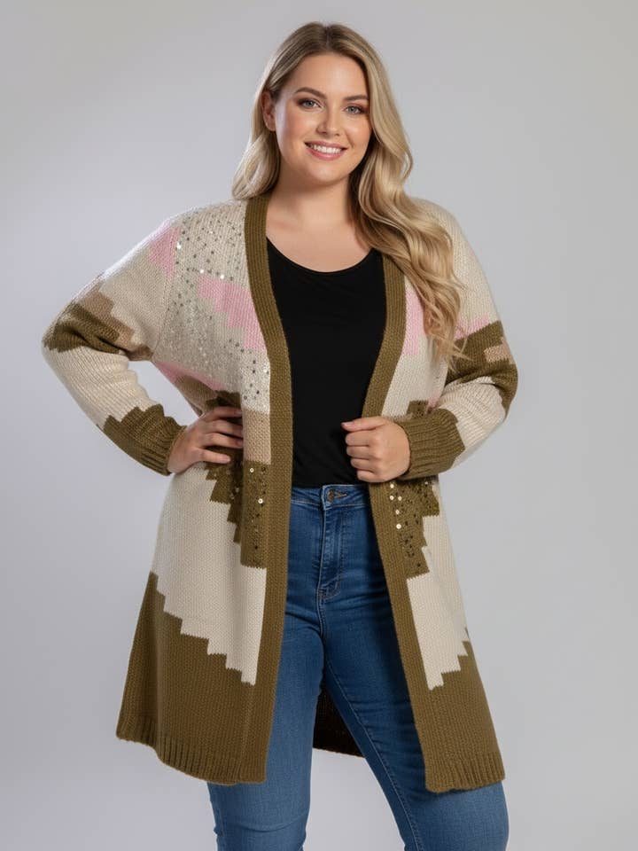 Gilet colorblock kaki grande taille avec séquins (JX080) pour la vente par Pomme Rouge Paris