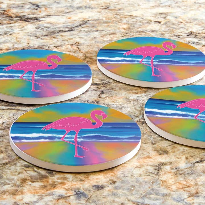 Love Local - Wholesale Coasters - Florida Pink Flamingo Icon| Absorbent Coasters | Set of 4 | Min 26