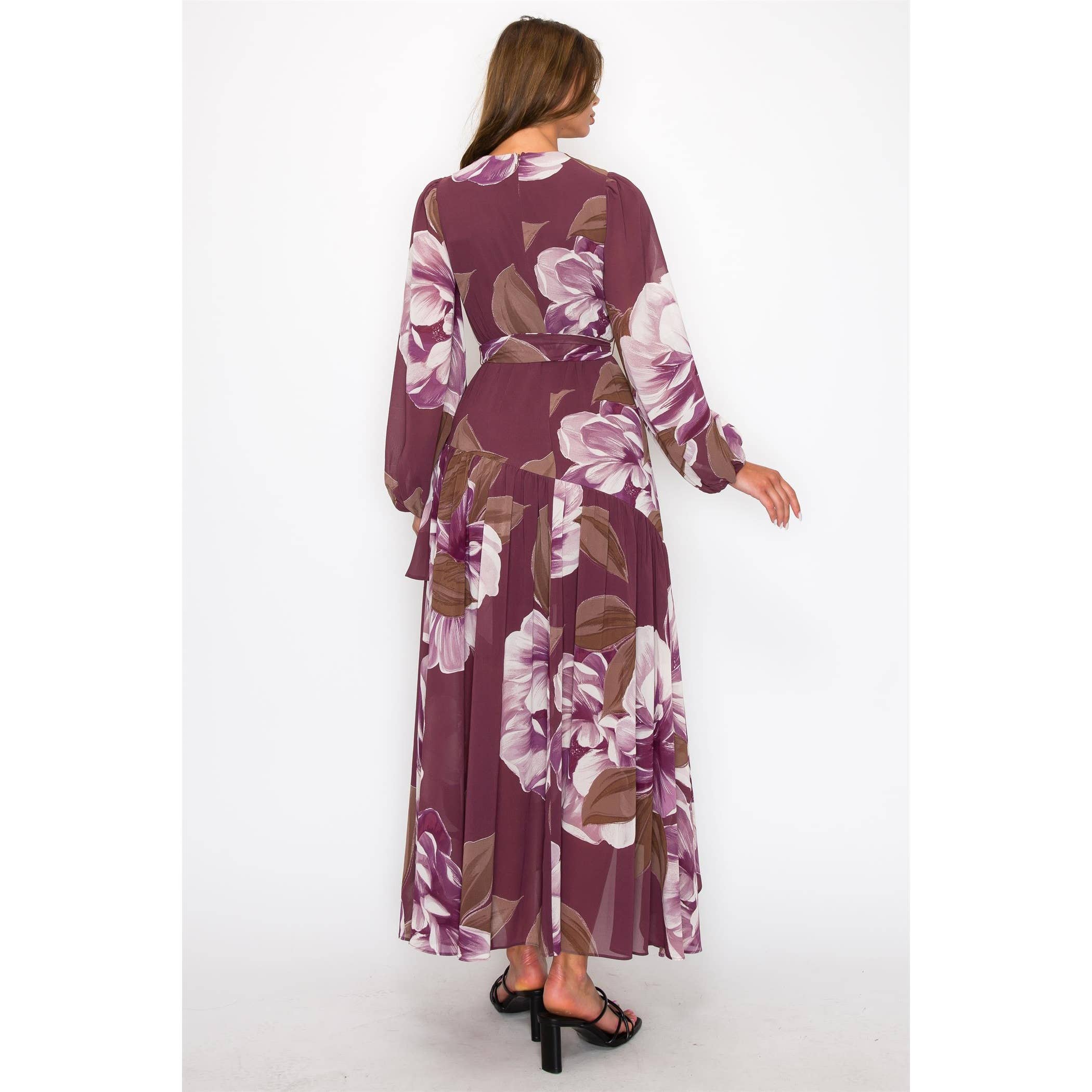 HYFVE - Wholesale Dress - Women's - CHIFFON FLORAL LONG SLEEVE WRAP V-NECK MAXI DRESS7