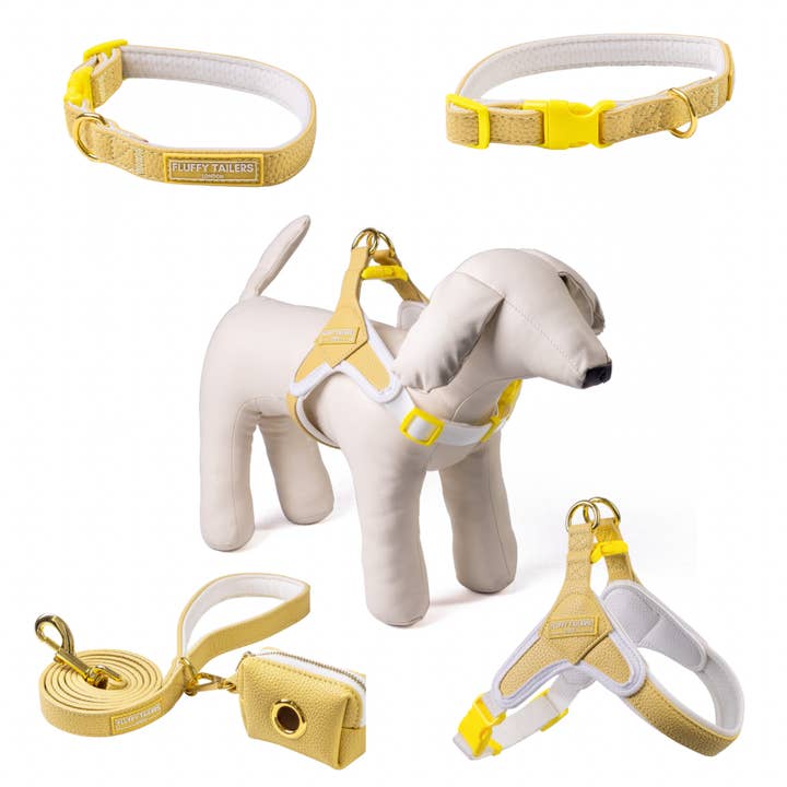 Mustard Yellow Vegan Leather Collection- Harness, Collar, Lead and Poo Bag Holder for wholesale by Fluffy Tailers