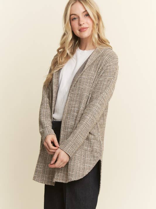 Black SJ1032-38 BOUCLE FABRIC HOODIE OPEN CARDIGAN for wholesale on Faire2