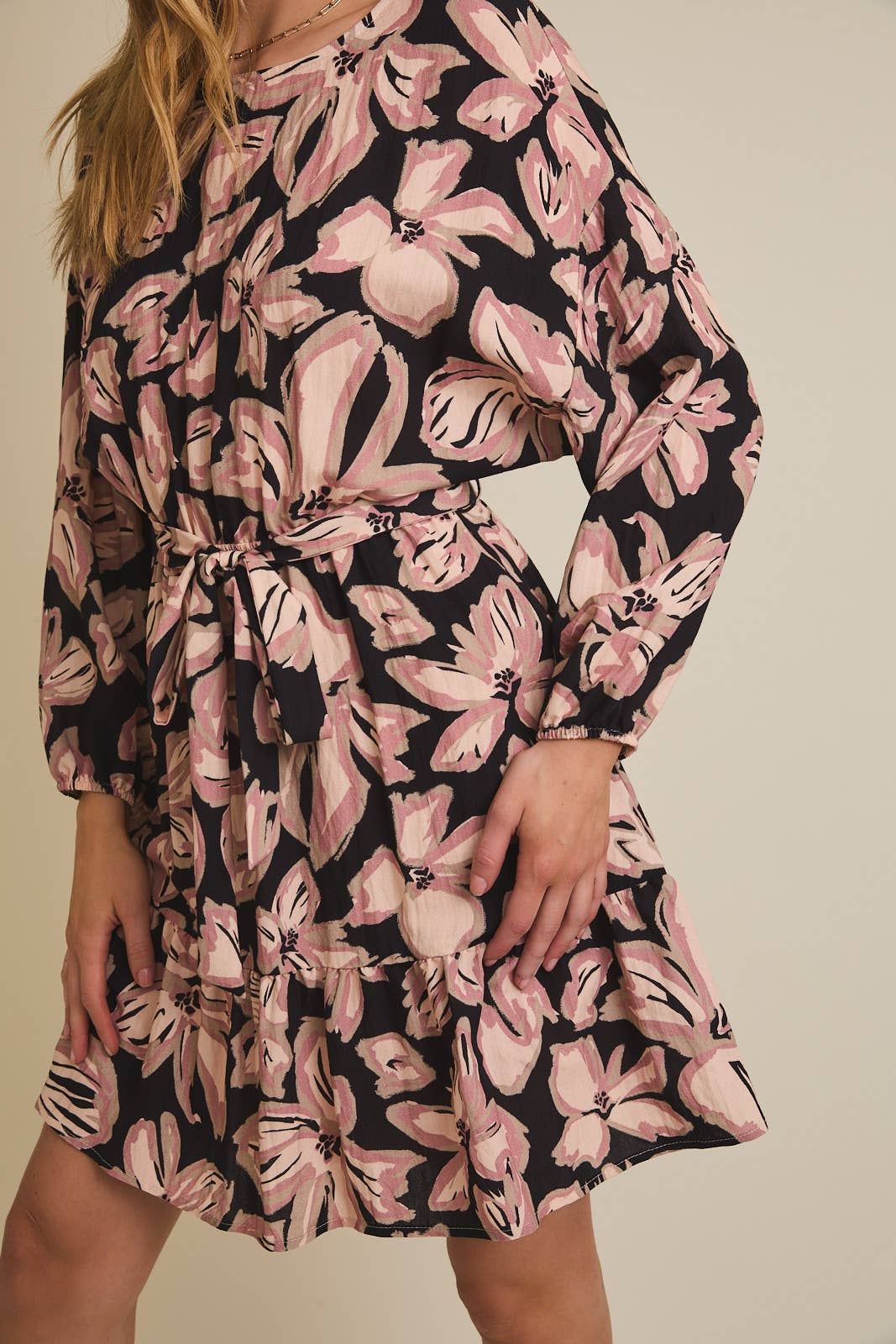 ROUND NECK DROP SHOULDER LONG SLEEVE WAIST TIE FLORAL DRESS for wholesale on Faire5