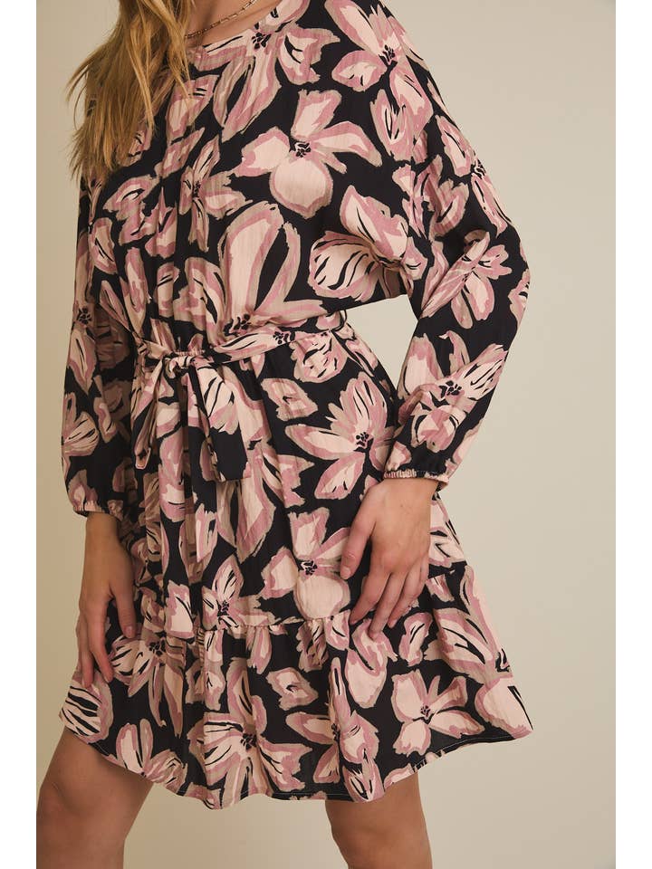 ROUND NECK DROP SHOULDER LONG SLEEVE WAIST TIE FLORAL DRESS for wholesale on Faire5