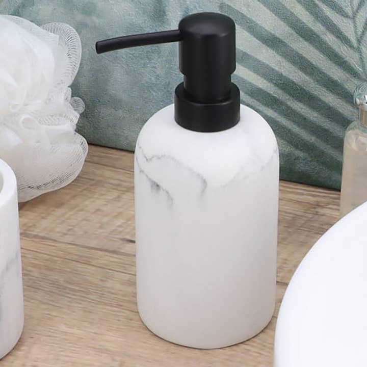 Marble Resin Soap Dispenser with Black Pump for wholesale by Evideco French Home Goods