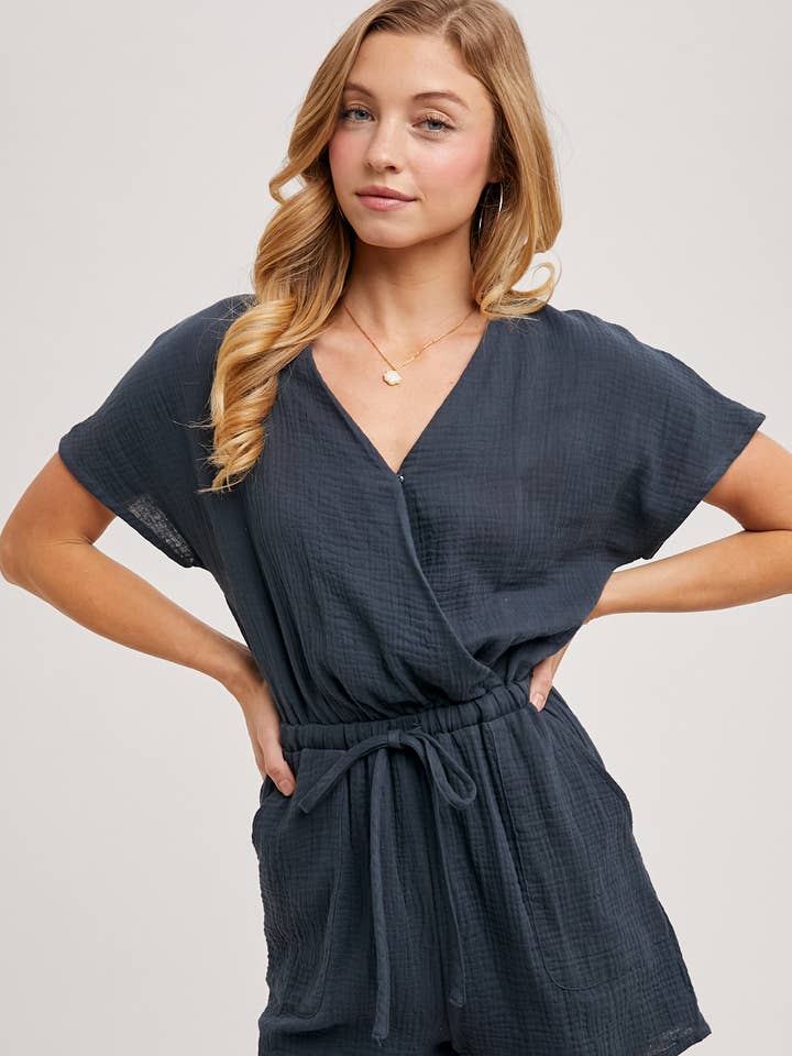 WRAP WAIST DRAWSTRING ROMPER for wholesale by Bluivy