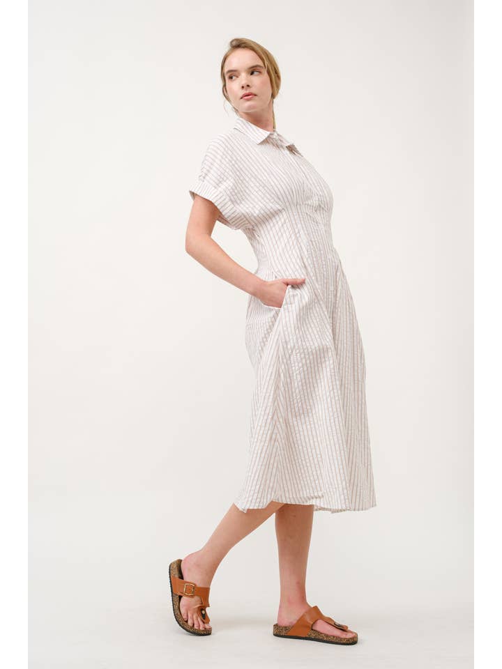 AIBLEE - Vendita all'ingrosso Vestito - Donna - Abito Midi a Righe con Colletto e Bottoni - TAPUE12