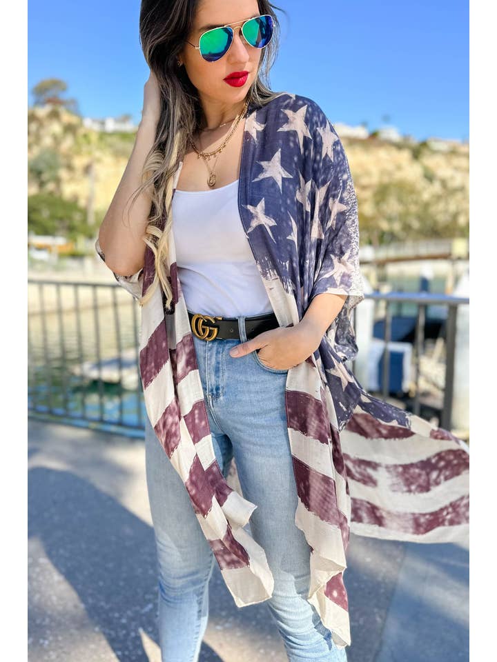 Vintage American Flag Printed Kimono Cover Up for wholesale on Faire