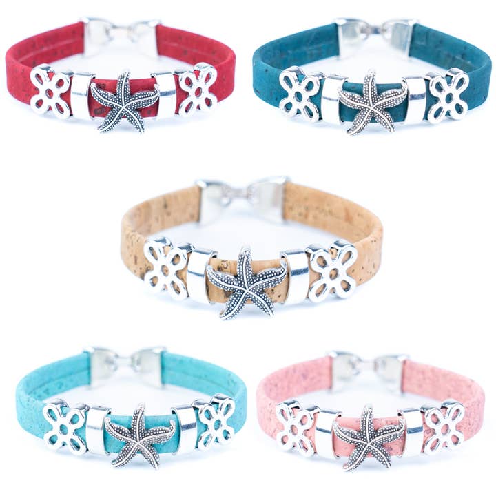 10 mm flaches buntes Korkband mit Seestern, handgefertigtes Armband DBR-036-MIX-5 für den Großhandel von Meninas Bonitas Cork