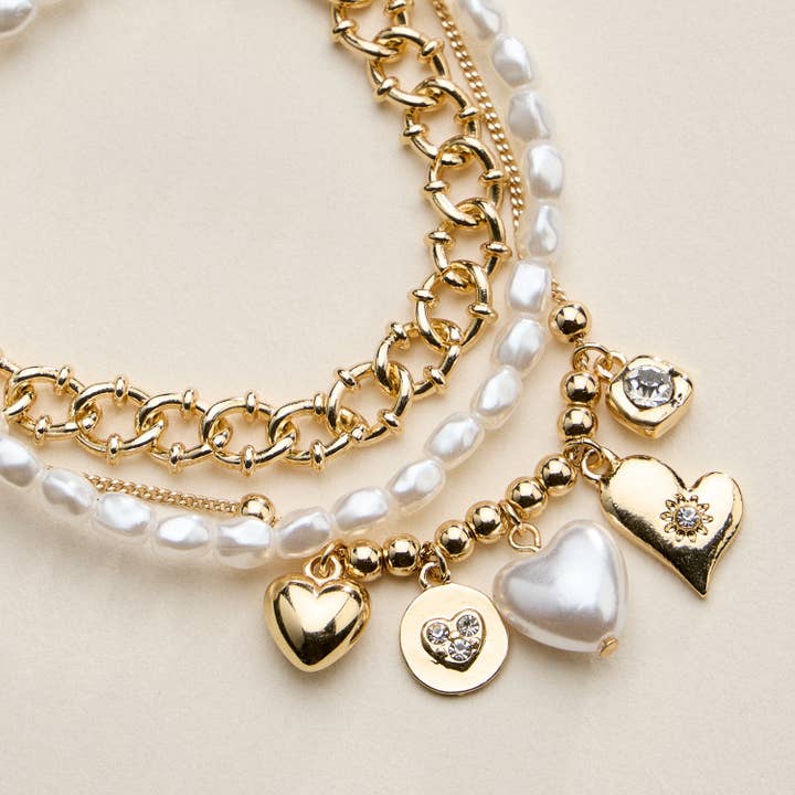 Heart Charm Bracelet Set for Women – Pearl & Chain Bracelets with CZ Heart Charms for wholesale by Lilla Haven