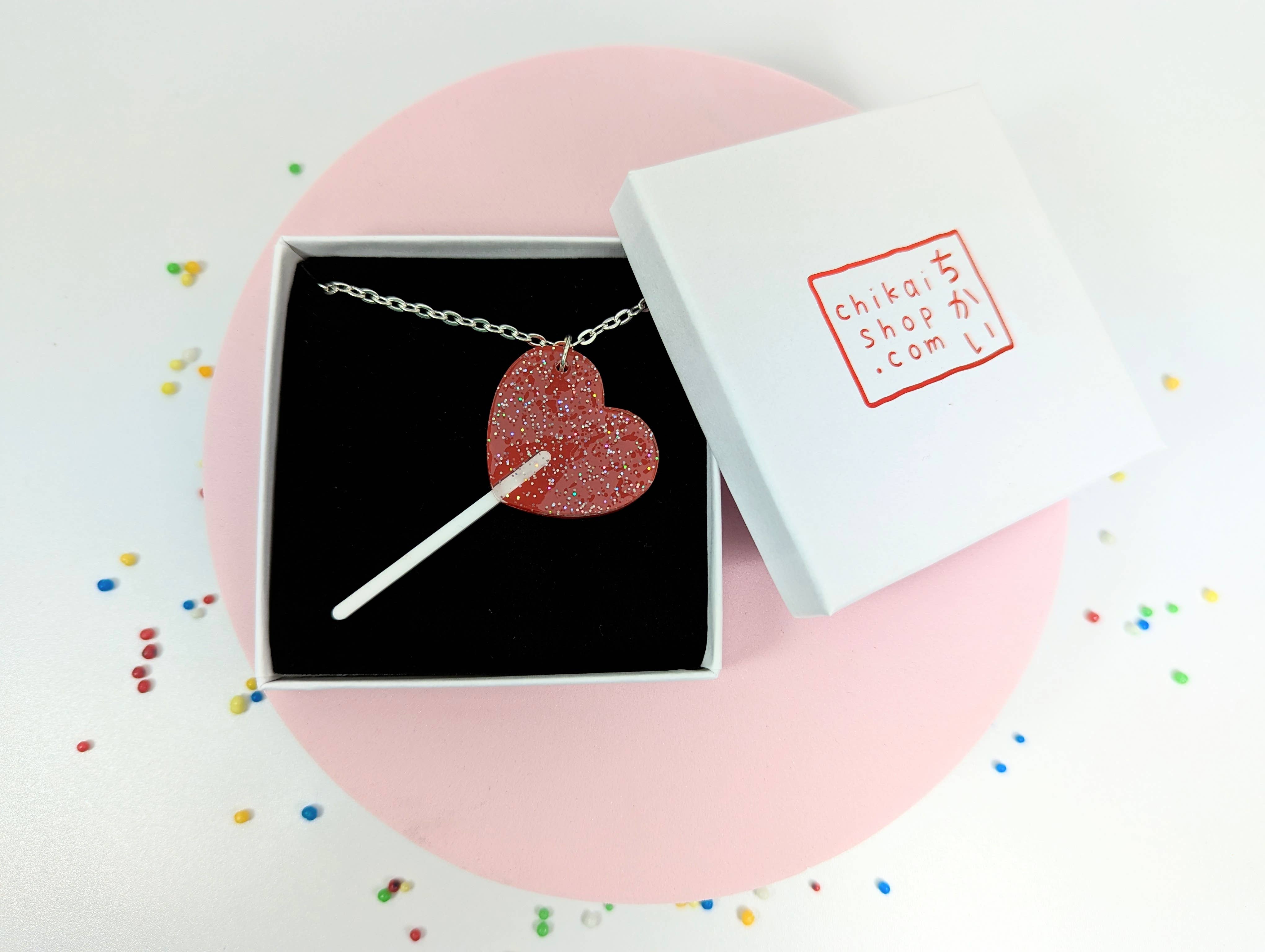 Chikai Shop – wholesale Pendant/charm necklace – Lollipop heart necklace on acrylic with silver plated chain4