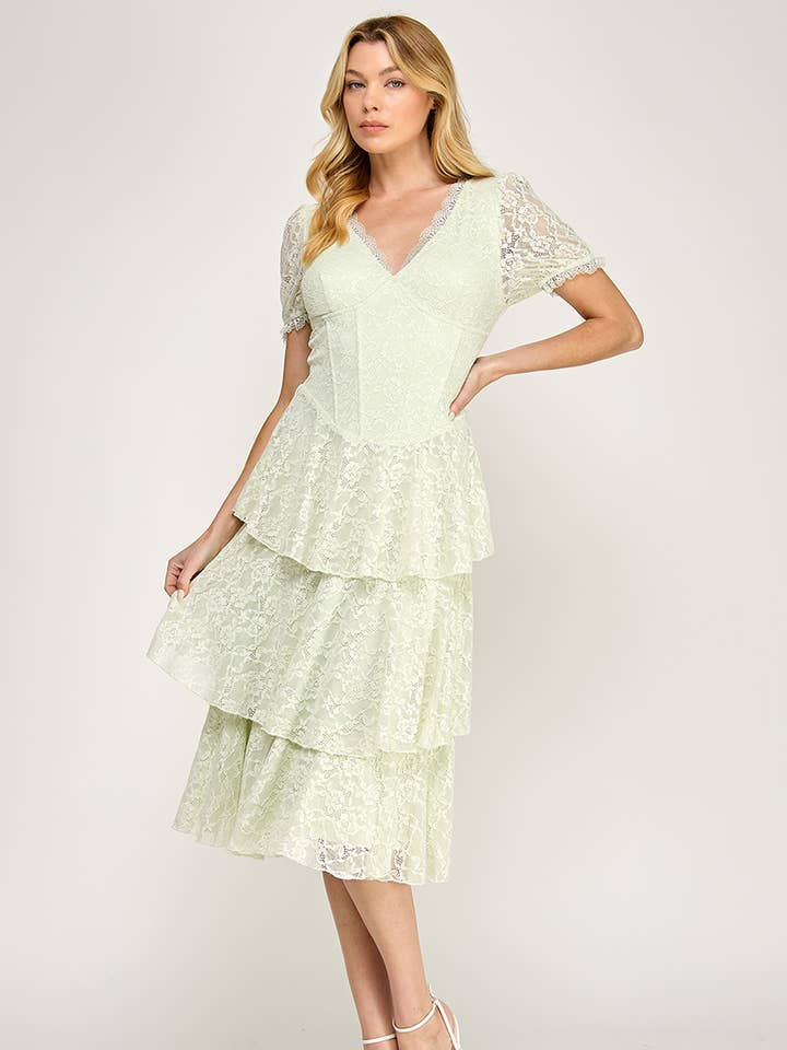 Lace Puff Sleeve Tiered Midi Dress for wholesale by Genzy Clothing