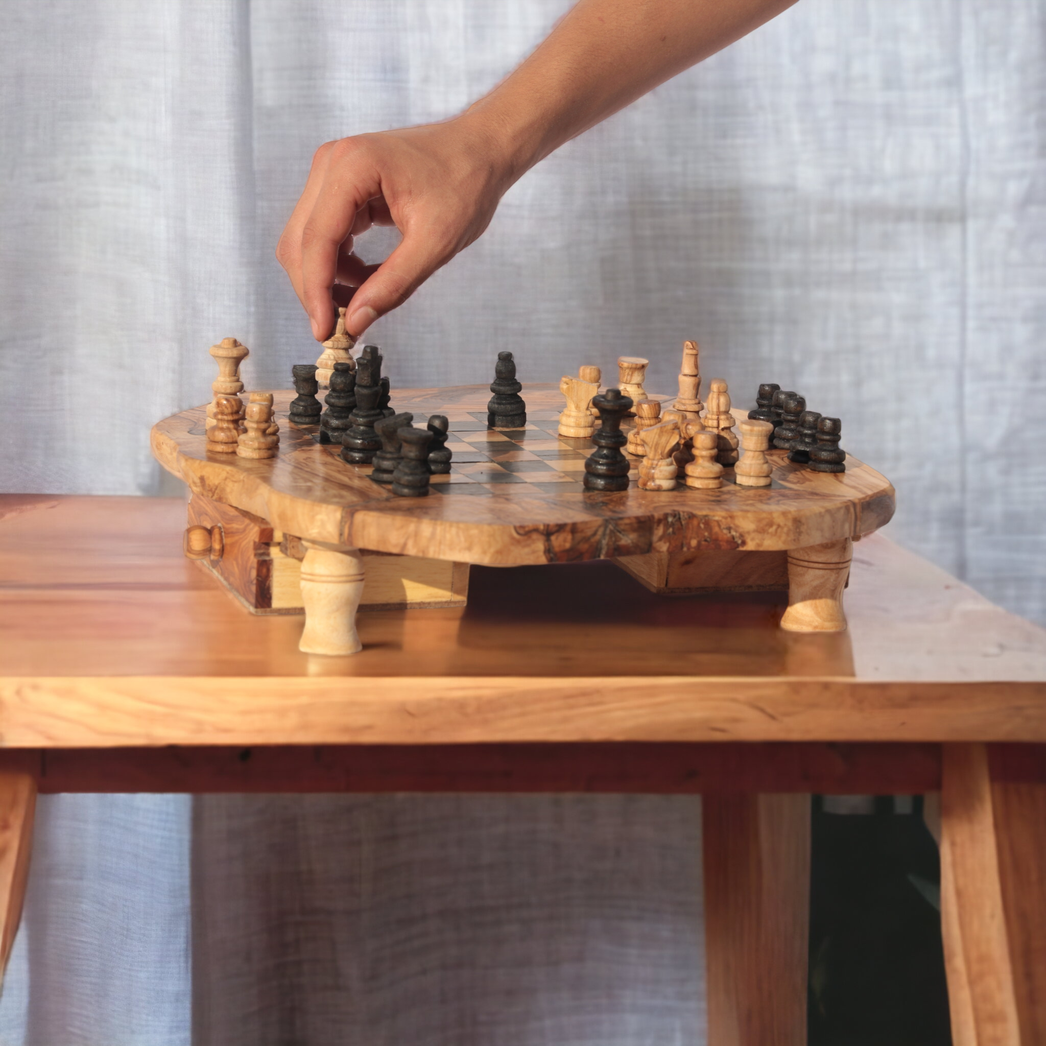 Kamsah - Vente Jeux de société - Échiquier en bois d'olivier fait main avec tiroirs de rangement7