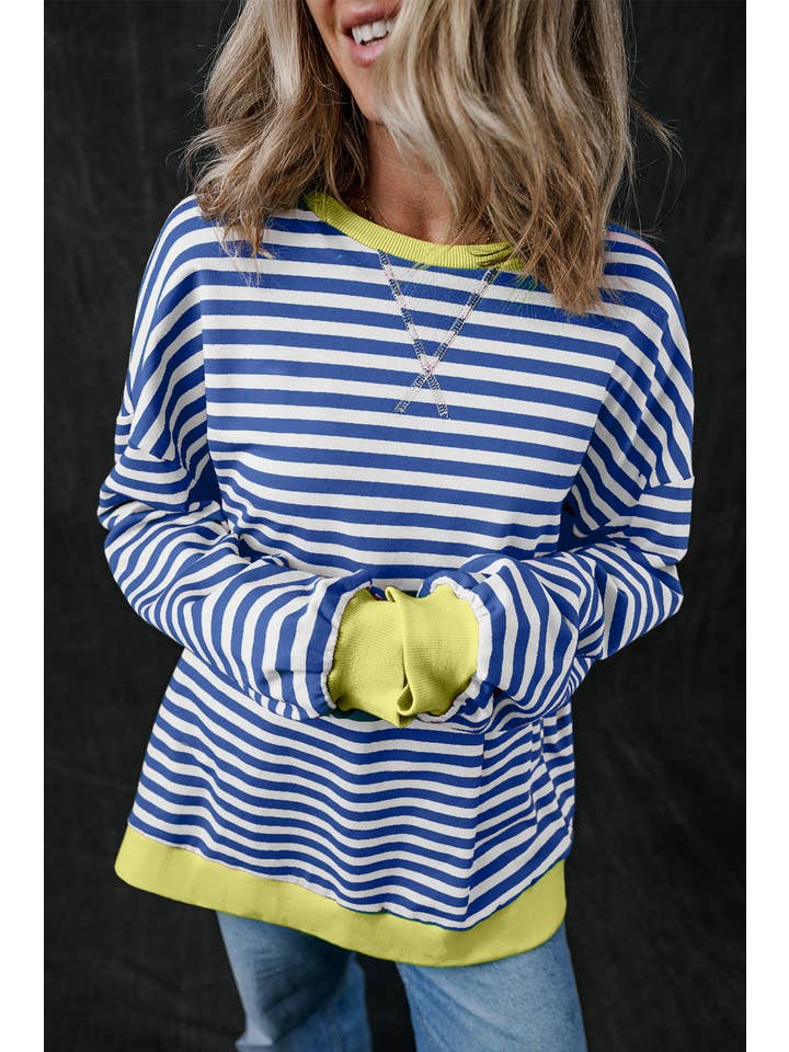Amaryllis Apparel - Wholesale Sweatshirt - Women's - Stripe Oversized Contrast Trim Pullover Sweatshirt15
