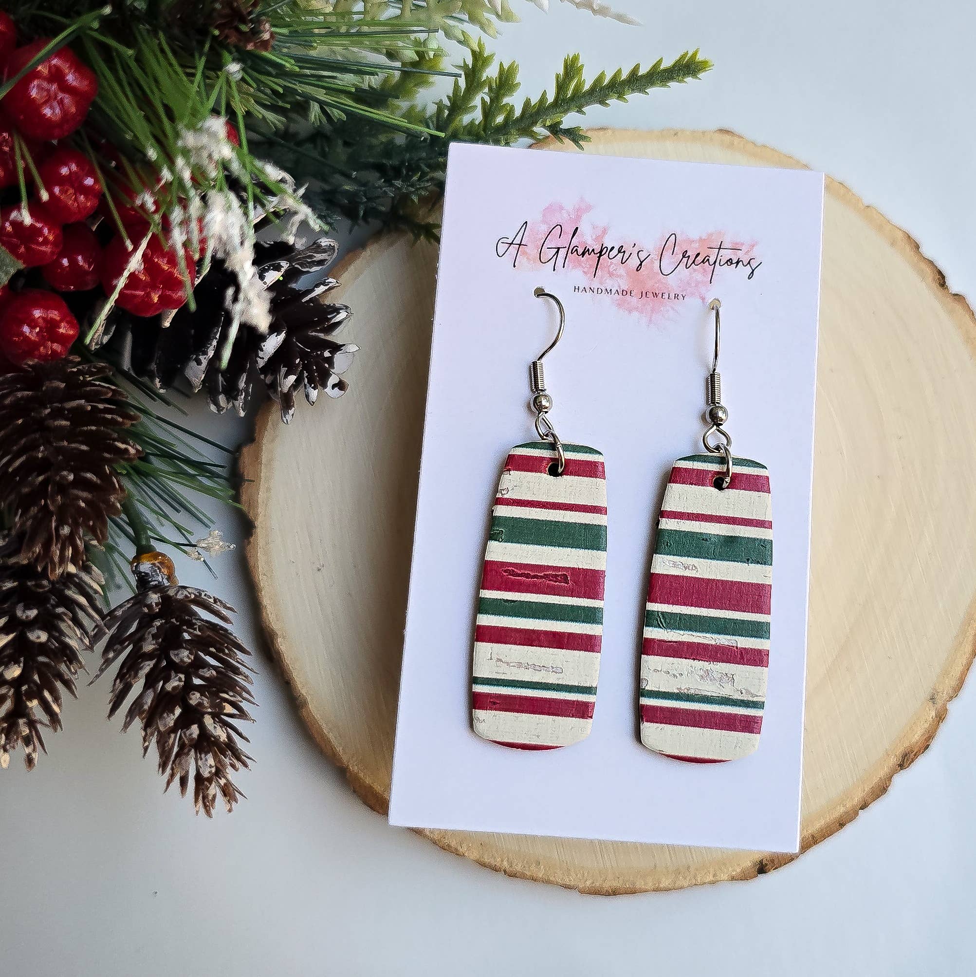 A Glamper's Creations LLC - Wholesale Dangle Earrings - Candy Cane Christmas Stripes Mini Bar Leather Earrings0