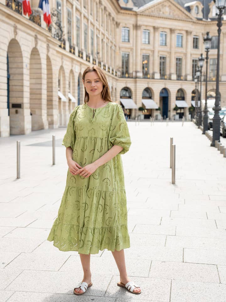 English embroidery long dress with bat sleeves for wholesale by Happy look