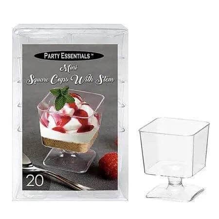 2oz Party Essentials Mini Square Cups with Stem - Clear (20ct) for wholesale by Party Expo, LLC