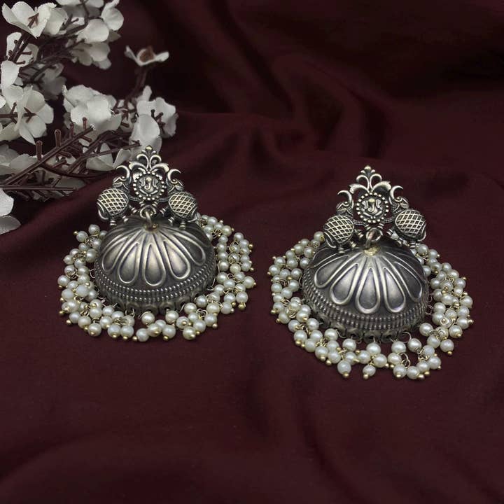 Quirky Fashions - Wholesale Dangle Earrings - Oxidized Silver Ganesha Pearl Jhumka Earrings