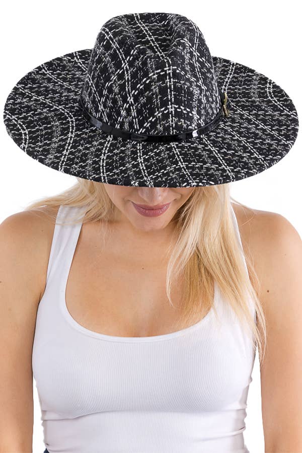 Cap Zone – wholesale Fedora - Unisex – Glansigt bälte dekor Pläd Tinsel Tweed tyg bred Rancher Hat2