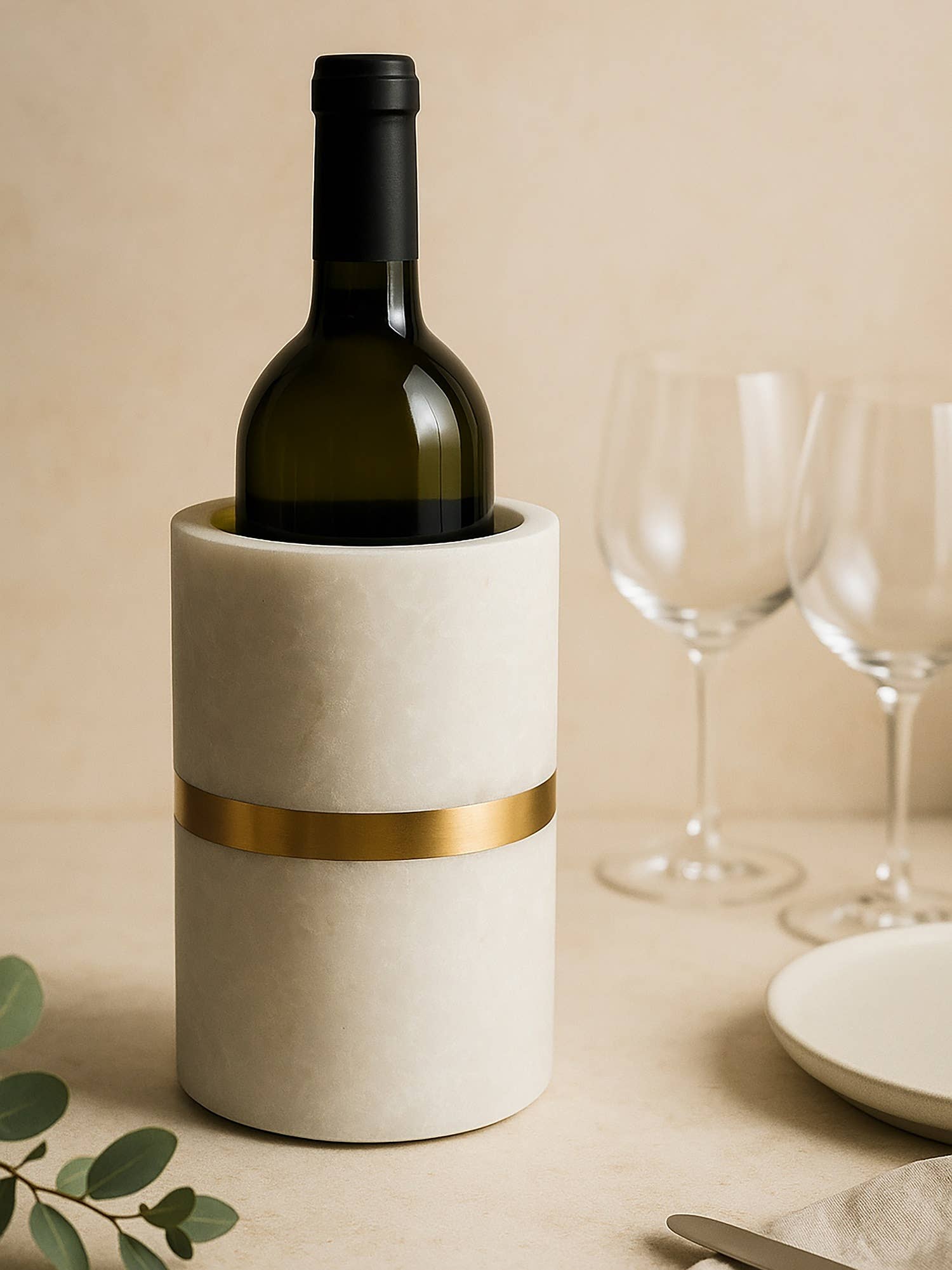 BIDKhome - Wholesale Wine Bucket - Marble Single Bottle Wine Cooler W/Brass Agra White2