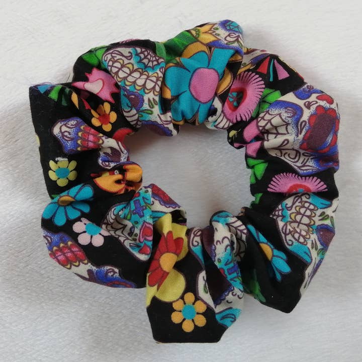 Sugar skulls scrunchie, day of the dead hair accessory for wholesale by Hannah and me
