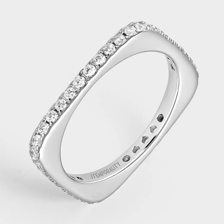 Square shaped silver ring with white zircons for wholesale by Itemporality