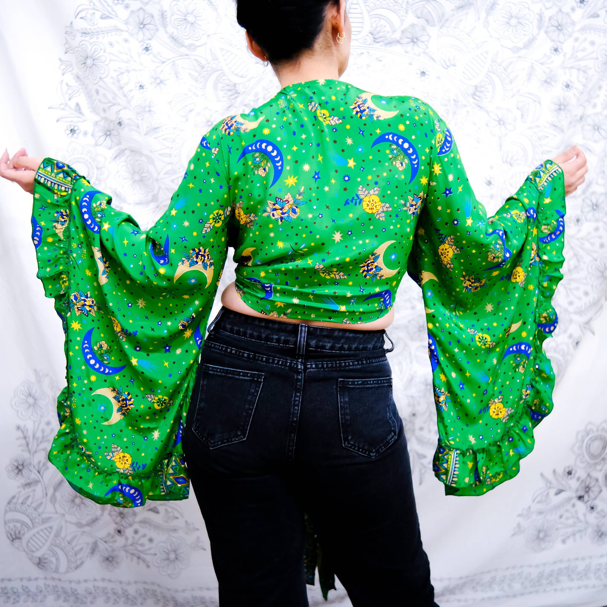 Karma Nepal Crafts - Wholesale Blouse - Women's - Bohemian Celestial Style Bell Sleeve Wrap Top with Ruffle1