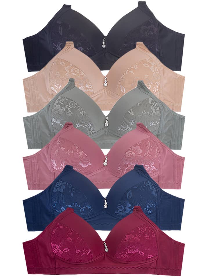 Solid with Floral Lace Deco Wireless Bra for wholesale by Hana