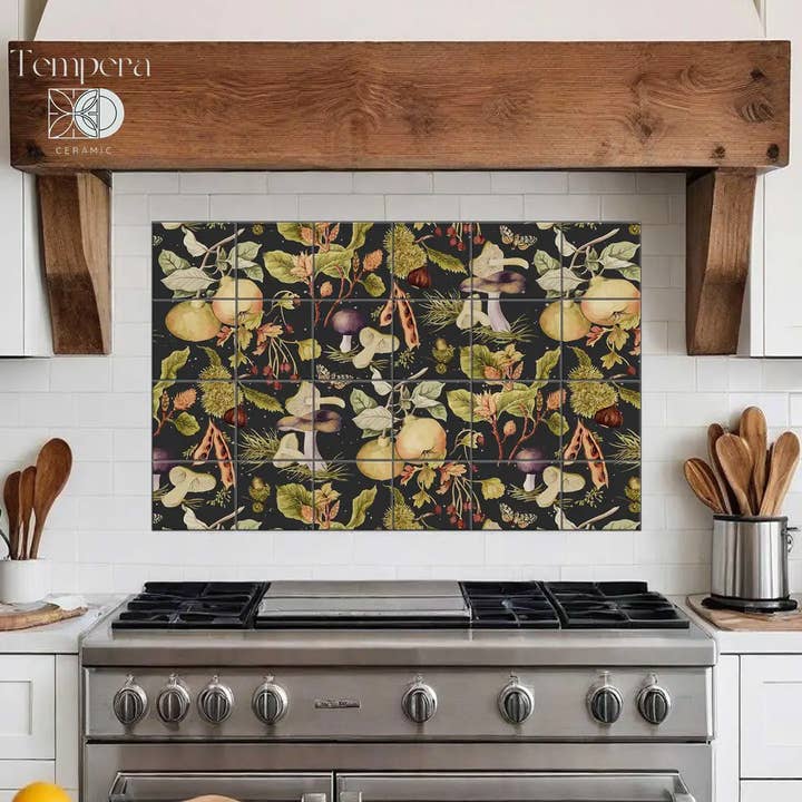 Höstliga botaniska kakelplattor väggmålning, Mörk kökskakel dekoration för wholesale av Tempera Art