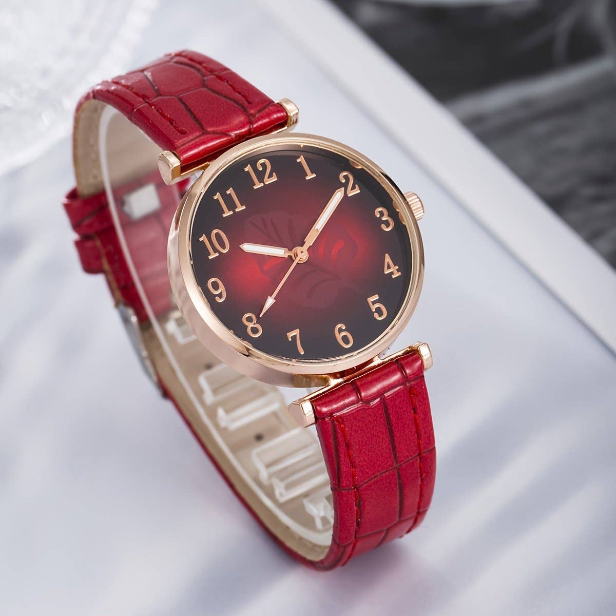 WoodWristCo - Vendita all'ingrosso Parure di gioielli - Set di orologi e gioielli alla moda da donna con stampa a foglie da 5 pezzi/set7