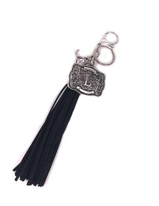 Snowing West - Wholesale Keychain - Unisex - Western Belt Buckle Initial Black Tassel Keychain11