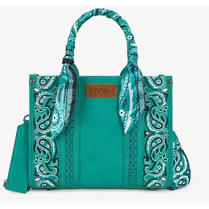 Wrangler Bandana Paisley Print Tote/Crossbody -Turquoise for wholesale by Whiskey & Lace Outfitters /The Longhorn Hippie Co.
