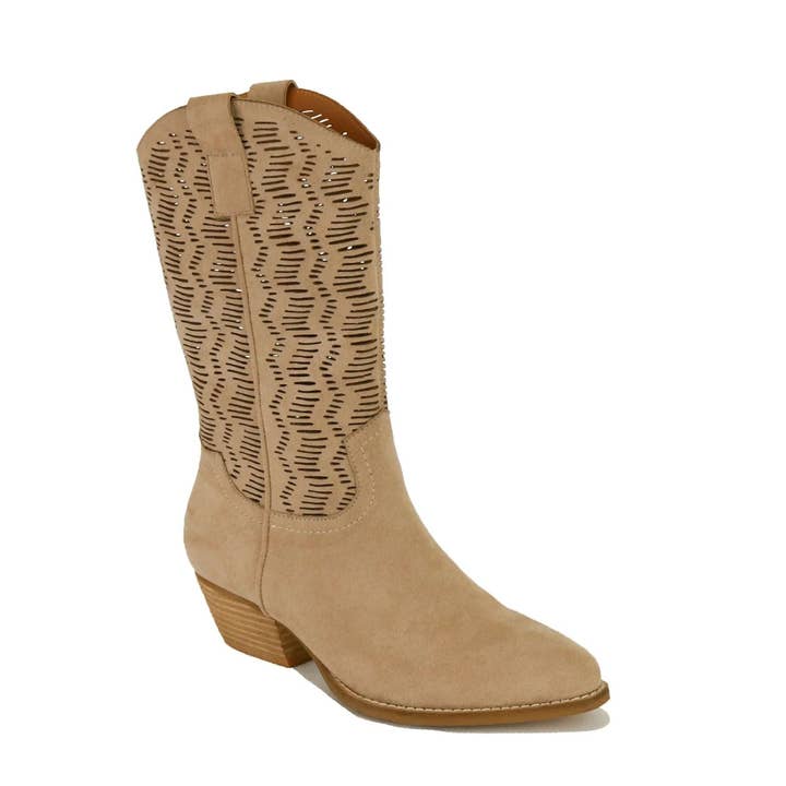 Beast Fashion DALLAS-18 Women Block Heel Laser Cut Western Cowboy Boots-12 Pairs Pack-43.45/Pair for wholesale by Mars Sky Shoes Wholesale